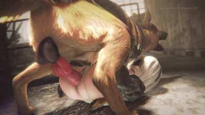 2B with her legs open around her german shepherd (bayernsfm) [Nier Automata]