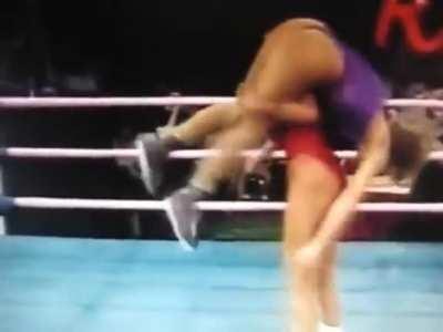 Tina Ferrari (Ivory in WWE) ots carried by Spanish Red in GLOW