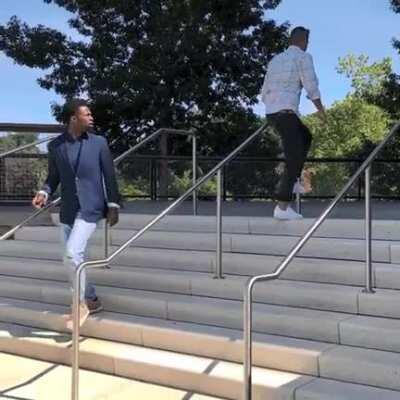 Climbing up a handrail