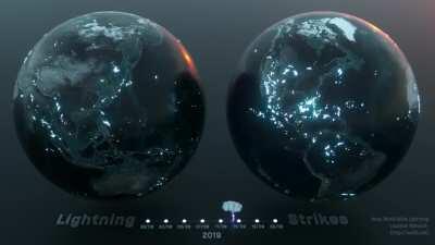 Визуализация молний на Земле. Каждая молния, зафиксированная метеорологами в августе-сентябре 2019 года