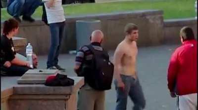 Dude tried to pick a fight with random people on the street.