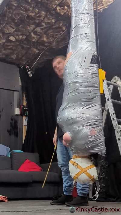 Mummified, gagged, sensory deprived, hypno track in earbuds, inverted, spun, and caned. [OC]