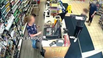 Footage of a 12 year old kid in Michigan robbing a gas station at gun point.