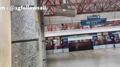 this kid playing with MRT station doors, Delayed train for fun?