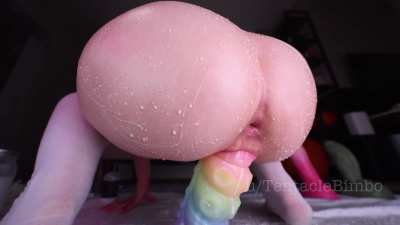 Making a creamy sloppy mess on my huge tentacle dildo 