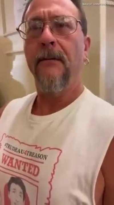 Man refused entry into Pierre Poilievre event for wearing a “Trudeau 4 Treason” shirt.