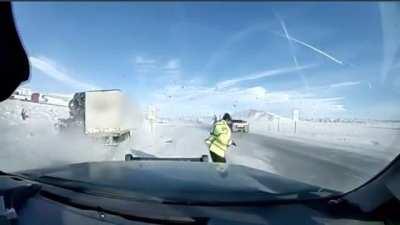 Snowy roads, stuck cars, and semis traveling fast almost leads to disaster