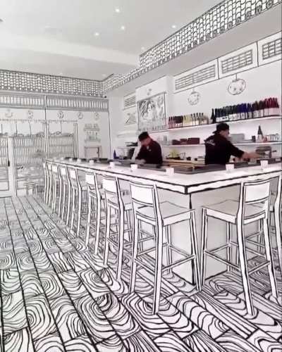 Shirokuro, a Japanese restaurant in NYC's East Village, where the interior mimics a hand-drawn black-and-white sketchbook.