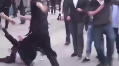 Guy punches older lady and gets whats coming from her coworkers