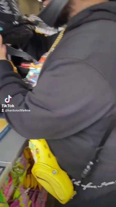 I don't know but this seems like main character energy because they used a croc.... To get a slurpee... Thus causing a huge mess for the worker to now cleanup not just that but the counter too. 