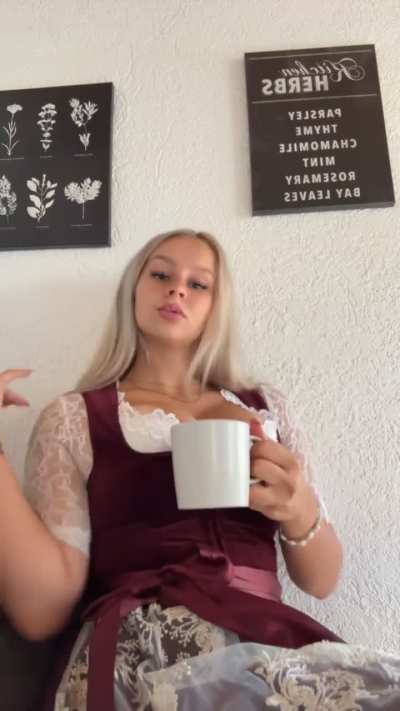 Enjoying tea in my Dirndl