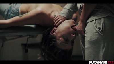 Real Futanari chokes and drills petites' throat