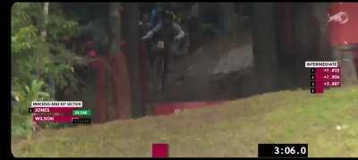 Reece Wilson's crash in the Les Gets UCI Downhill earlier today