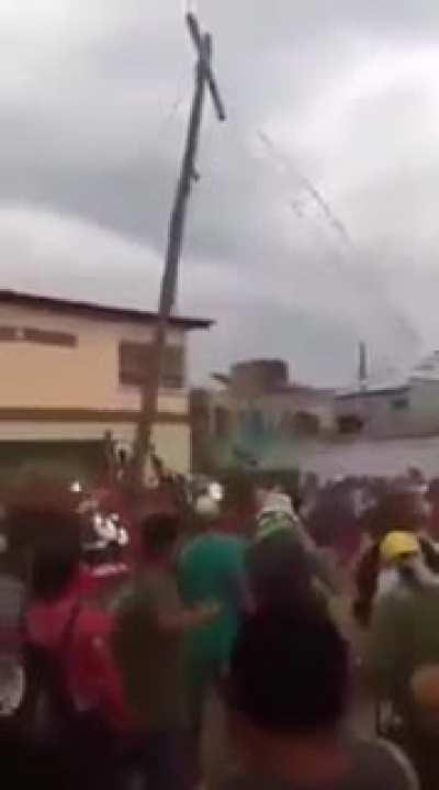 Fanatic Christians re-enact the crucifixion, but they didn't think it through, and the cross is a little too tall. What could go wrong?