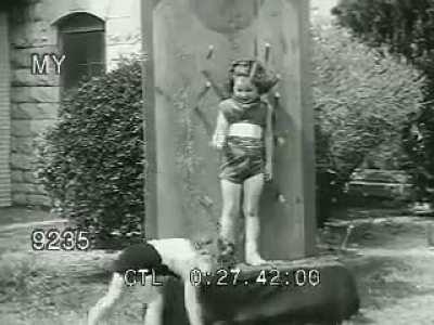 This 1950s Newsreel where Louella Gallagher Throws knives at kids.
