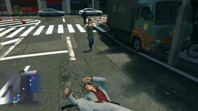 Kiryu throws himself off a building