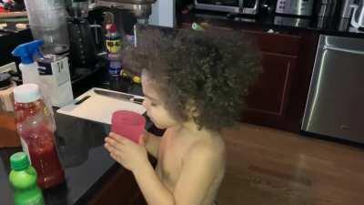 My son saw the bottle of Apple Cider Vinegar and thought it was juice and asked to try it. It didn’t pass the smell test, but he drank it anyway.