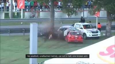 car crash - no safety belt - helmet not secured either