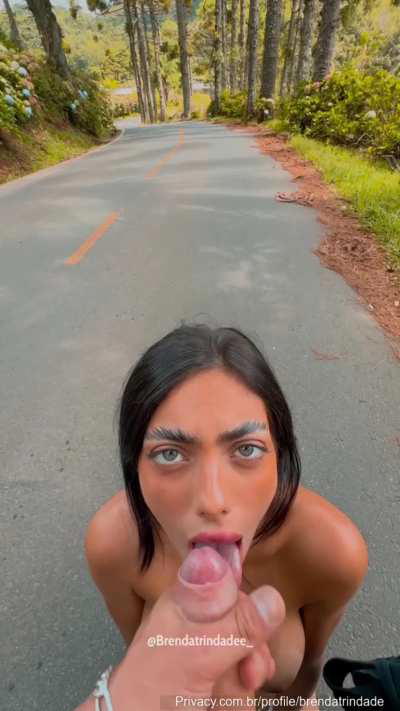 He cum in her mouth in the middle of the road