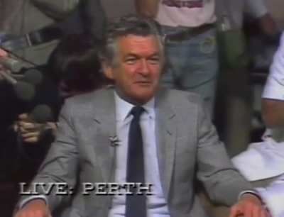 Bob Hawke interviewed on Channel Nine’s Today Show while at the Royal Perth Yacht Club celebrating Australia’s win in the America’s Cup, 27 September 1983