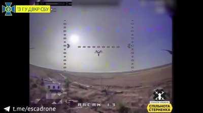 Ukrainian kamikaze drone hits a Russian soldier in a shack with a cat ontop near Bahate, Zaporizhzhia Oblast, October 2023 (music from source) (at 47.519221, 36.063695)