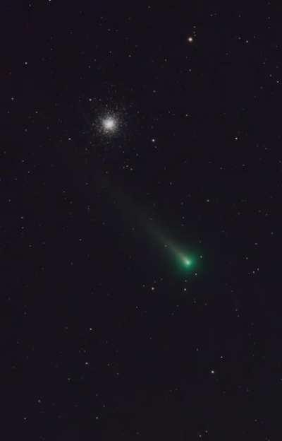 A conjunction of cosmic beauties — Comet A1/Leonard transiting the M3 globular star cluster. Timelapse of 720 exposures photographed with a 4 inch telescope in my front yard.