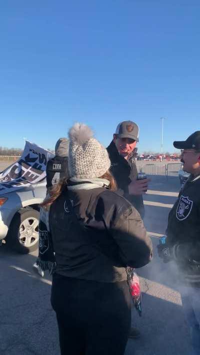 Raiders fan welcoming Chiefs fans to Arrowhead.