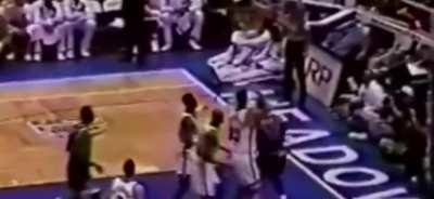 Shaq breaking multiple backboards while dunking.