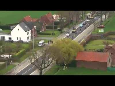 Filip Maciejuk causes a huge crash (Disqualified from Tour of Flanders)