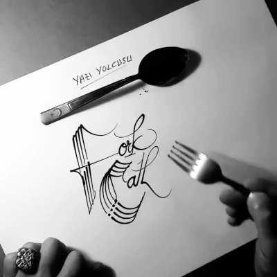 Fork Calligraphy with black ink on paper..