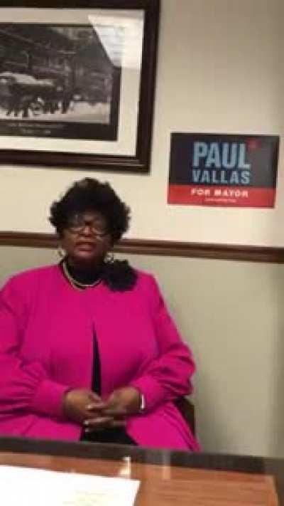 Joni Mitchell, Harold Washington's publicist, endorses Paul Vallas for Mayor of Chicago. 
