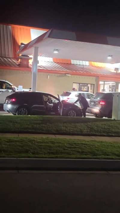 Whataburger drive through, the front vehicle ran out of gas, people in the line got out to complain and ended up getting bear sprayed