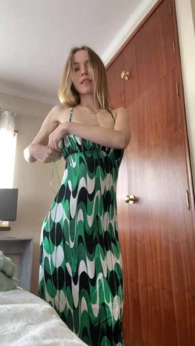 That dress suits me well, but the view without it is much more better