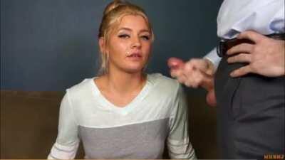 Coworker sits silently while you cum on her