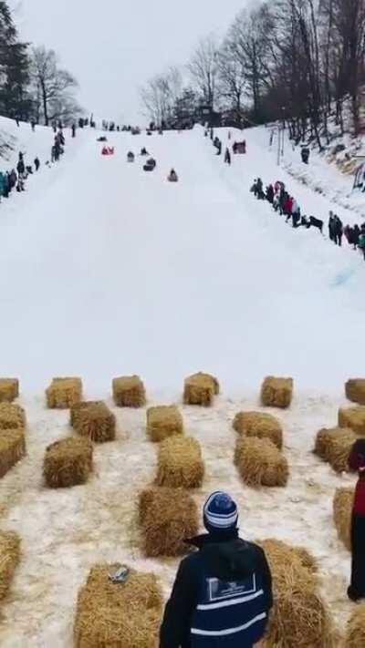 WCGW Sledding downhill without enough barricades to stop