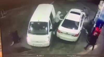 The best way to repel an assault at a gas station.