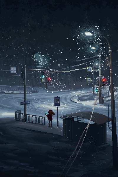 Waiting for the bus on a snowy night