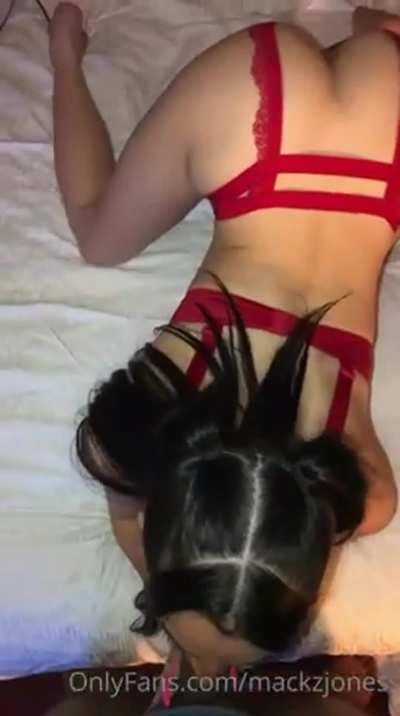 Perfect blowjob eyes MackzJones in lingerie on hands and knees sucking dick
