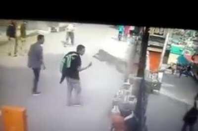 The guy gives the monkey a middle finger so the monkey got angry and kicked him