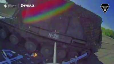 An abandoned Russian 2S19 Msta-S self-propelled howitzer is destroyed by a Ukrainian FPV drone (Music from source)