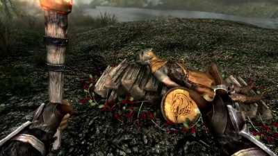 This man agroed a dragon that was about to kill me and saved me from having to load a save 30 minutes before. He died while doing so. Figured I'd give him a honourable farewell he deserves.