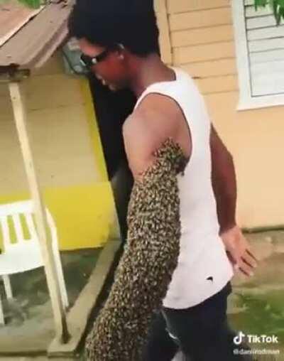 Man transporting a colony of bees by holding the Queen in his fist, making the rest of the hive swarm to his arm