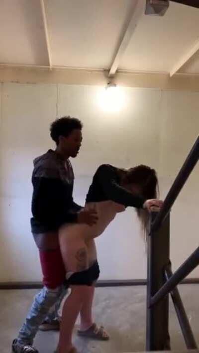 Fucking his girlfriend on the stairway