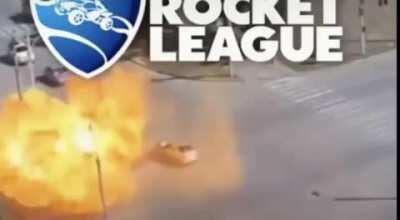 car hit ball and ball go into goal or something