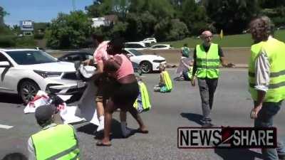 Parolee gets arrested because protesters block the way to his work.