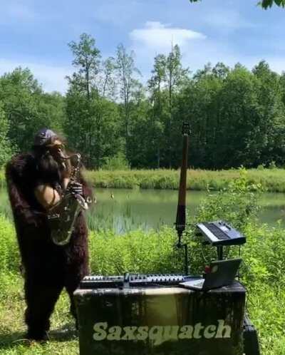 Dude playing sax in a Sasquatch costume