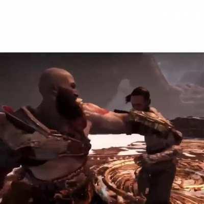 Kratos and Atreus beating up Baldur with Sing for the Moment/Dream On in the background