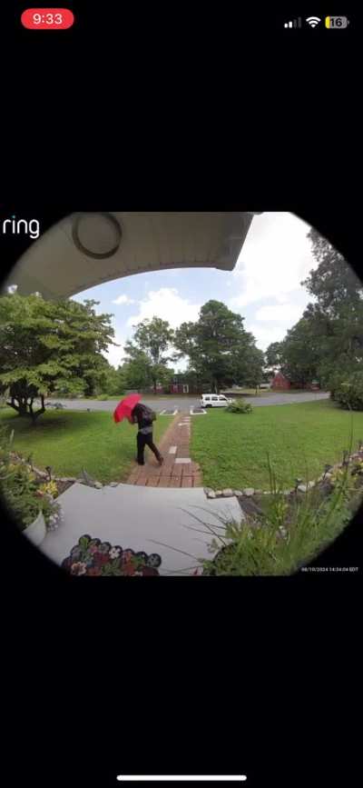 Porch pirate uses umbrella to hide face