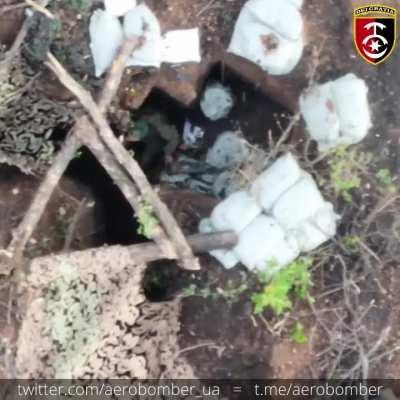 Entrenched Russian is hit twice by drone-dropped grenades. Ukraine's 30th Mechanized Brigade. September 2023.