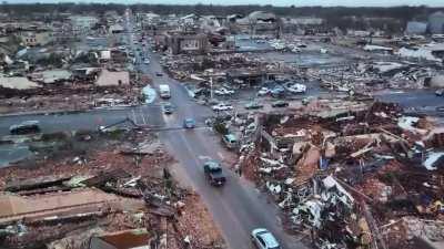12/11/2021 footage of the aftermath from the Kentucky tornado that has killed more than 70 people so far and left numerous injured and homeless. Drone footage credit to Brandon Clement